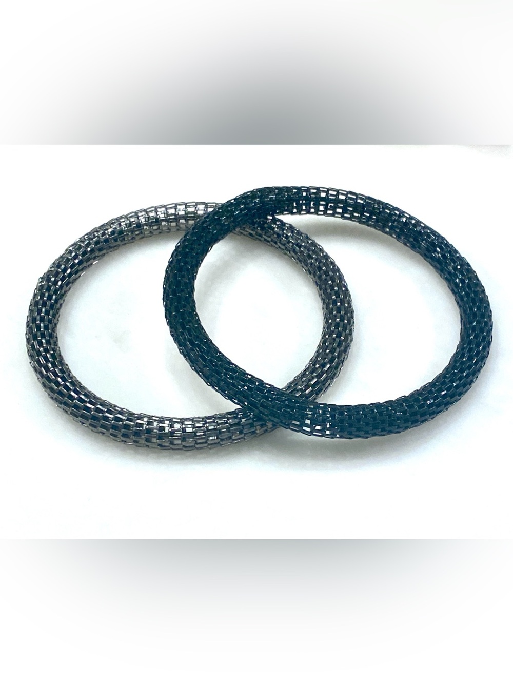 Vintage Black & Gunmetal Mesh Bangle Bracelet Set | 2-Piece Rigid Metallic